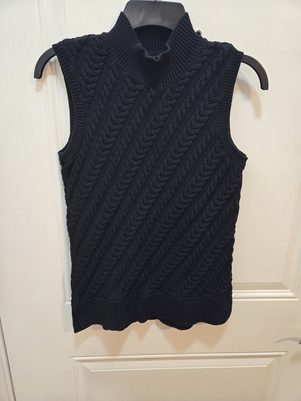 Talbots Black Cable Knit Sleeveless Mock Neck Sweater